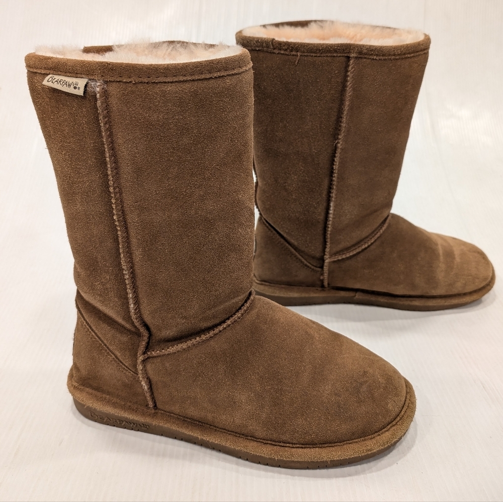 BEARPAW Emma Chestnut Tan Suede Sheepskin Fur Lined Cozy Tall Boots size 9 - Picture 3 of 12